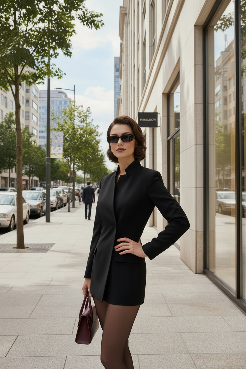 A woman stands on a city sidewalk wearing a fitted black blazer-style mini dress with structured shoulders, black sheer tights, dark sunglasses, and carrying a burgundy handbag. Buildings, trees, and pedestrians are visible in the background.