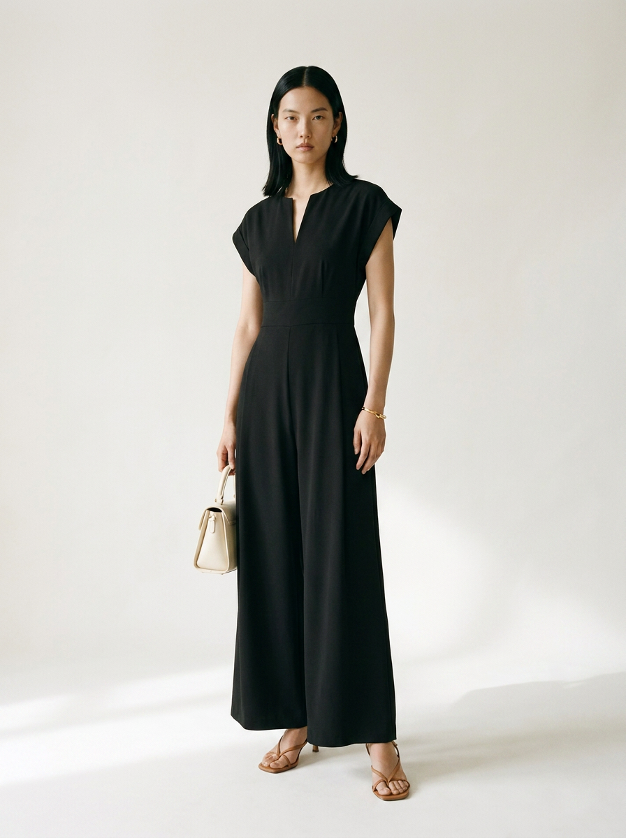 A woman stands in a studio wearing a black sleeveless maxi dress with a split neckline and wide legs, holding a small beige handbag. She is wearing tan heeled sandals against a plain light background.