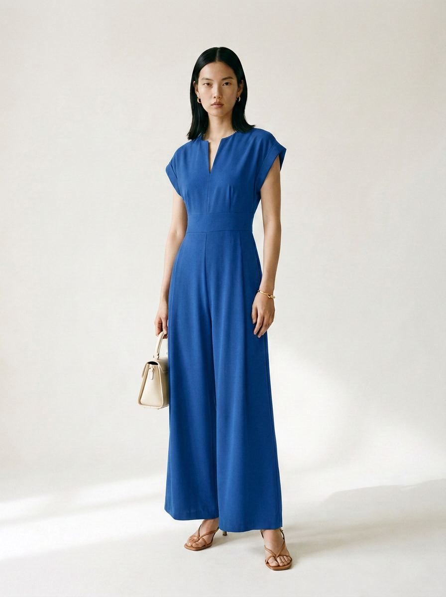 A woman modeling a royal blue sleeveless maxi dress with a split neckline, standing against a plain off-white studio background and holding a small beige handbag.