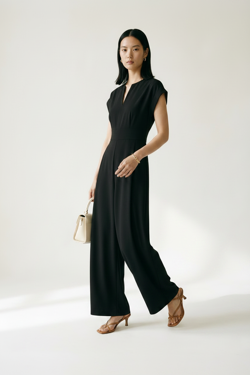 A woman stands in a studio wearing a black sleeveless maxi dress with a split neckline and wide legs, holding a small beige handbag. She is wearing tan heeled sandals against a plain light background.