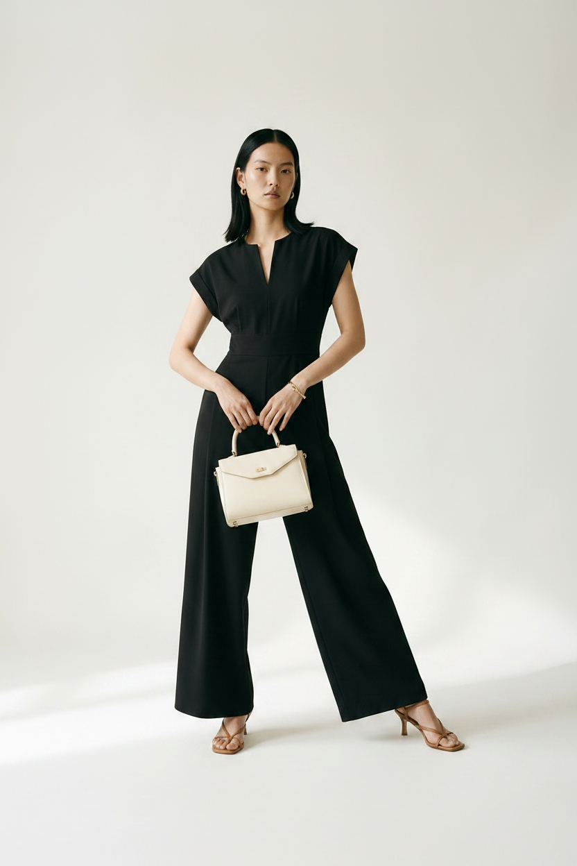 A woman stands in a studio wearing a black sleeveless maxi dress with a split neckline and wide legs, holding a small beige handbag. She is wearing tan heeled sandals against a plain light background.