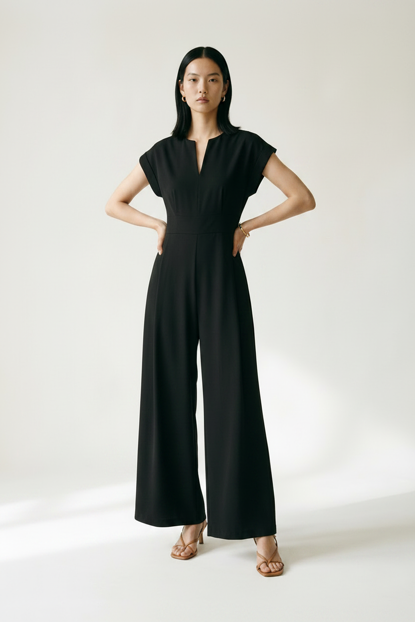 A woman stands in a studio wearing a black sleeveless maxi dress with a split neckline and wide legs, holding a small beige handbag. She is wearing tan heeled sandals against a plain light background.