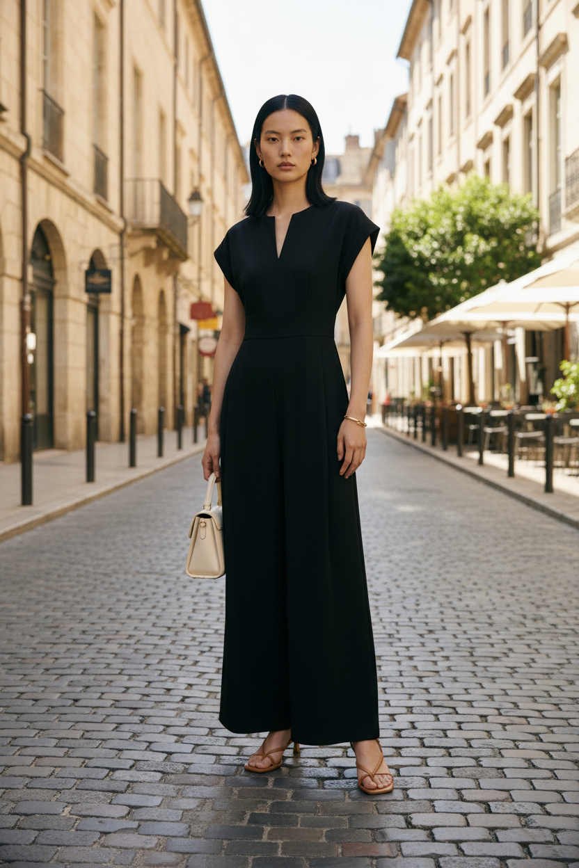 A woman stands in a studio wearing a black sleeveless maxi dress with a split neckline and wide legs, holding a small beige handbag. She is wearing tan heeled sandals against a plain light background.
