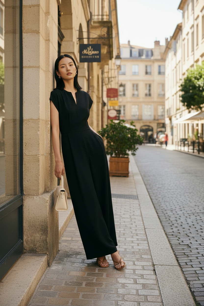 A woman stands on a cobblestone street wearing a black sleeveless maxi dress with a deep V-neckline and wide legs, holding a small beige handbag.