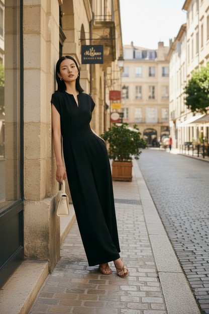 A woman stands on a cobblestone street wearing a black sleeveless maxi dress with a deep V-neckline and wide legs, holding a small beige handbag.