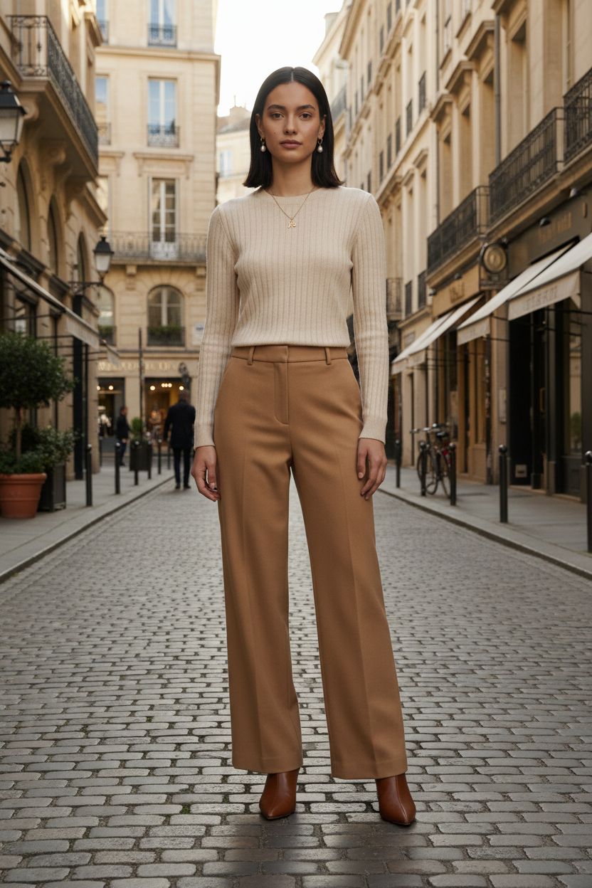 A woman stands on a cobblestone street wearing a cream ribbed long-sleeve top and tan wide-leg trousers, with brown ankle boots. The background shows a European-style city street with beige buildings and storefronts.