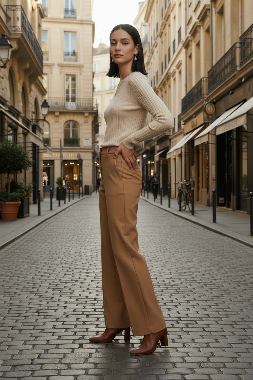 A woman stands on a cobblestone street wearing a cream ribbed long-sleeve top and tan wide-leg trousers, with brown ankle boots. The background shows a European-style city street with beige buildings and storefronts.