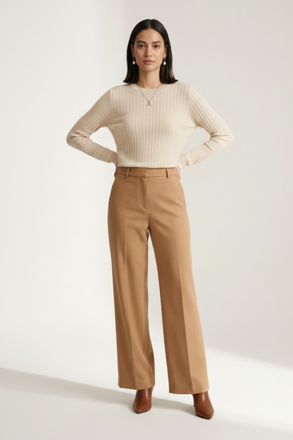 Vertical Ribbed Knit Crew Neck Pullover Sweater, front view