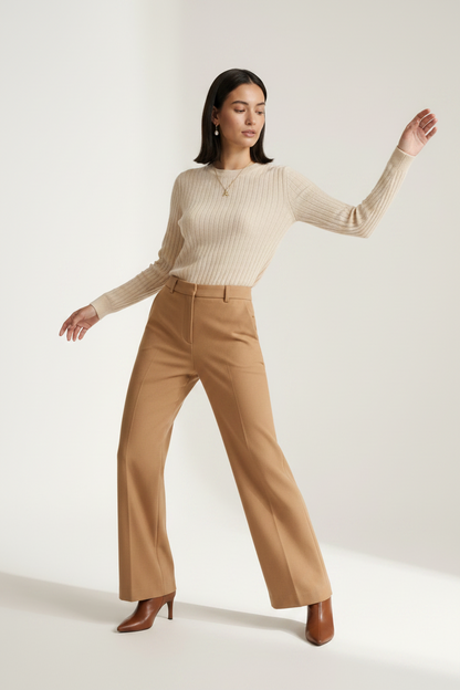 Vertical Ribbed Knit Crew Neck Pullover Sweater, styled pose