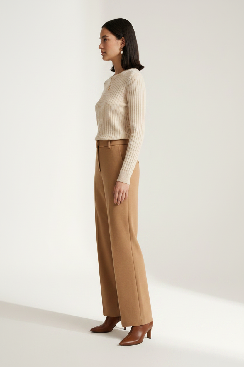 Vertical Ribbed Knit Crew Neck Pullover Sweater, side view