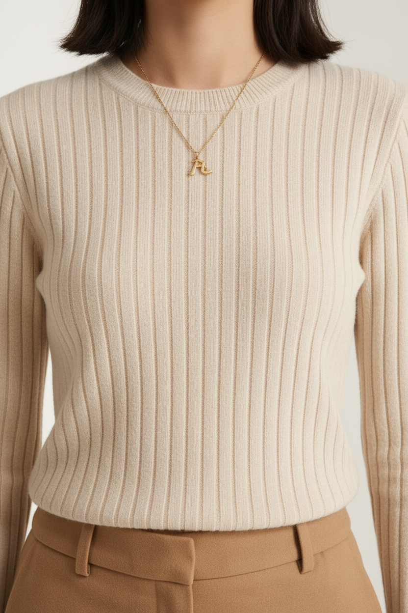 Vertical Ribbed Knit Crew Neck Pullover Sweater, detail close-up