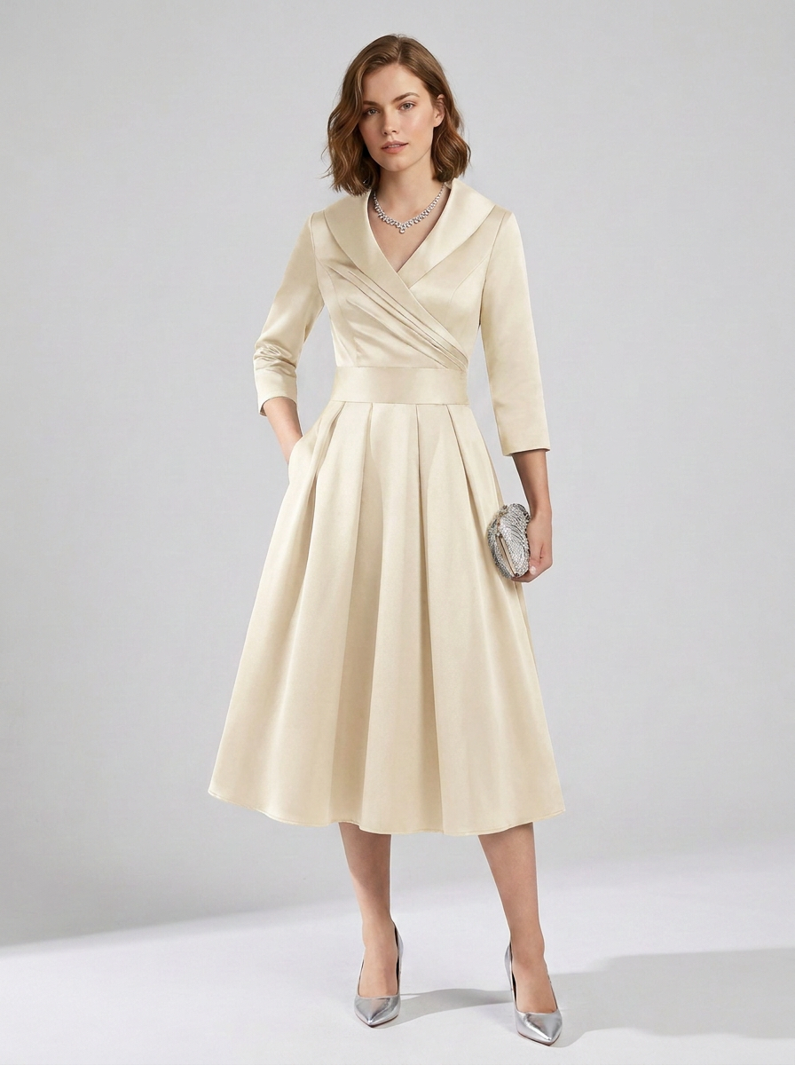 A woman models a cream-colored midi wrap dress with three-quarter sleeves and a pleated skirt, paired with silver heels and a silver clutch, against a light gray studio background.