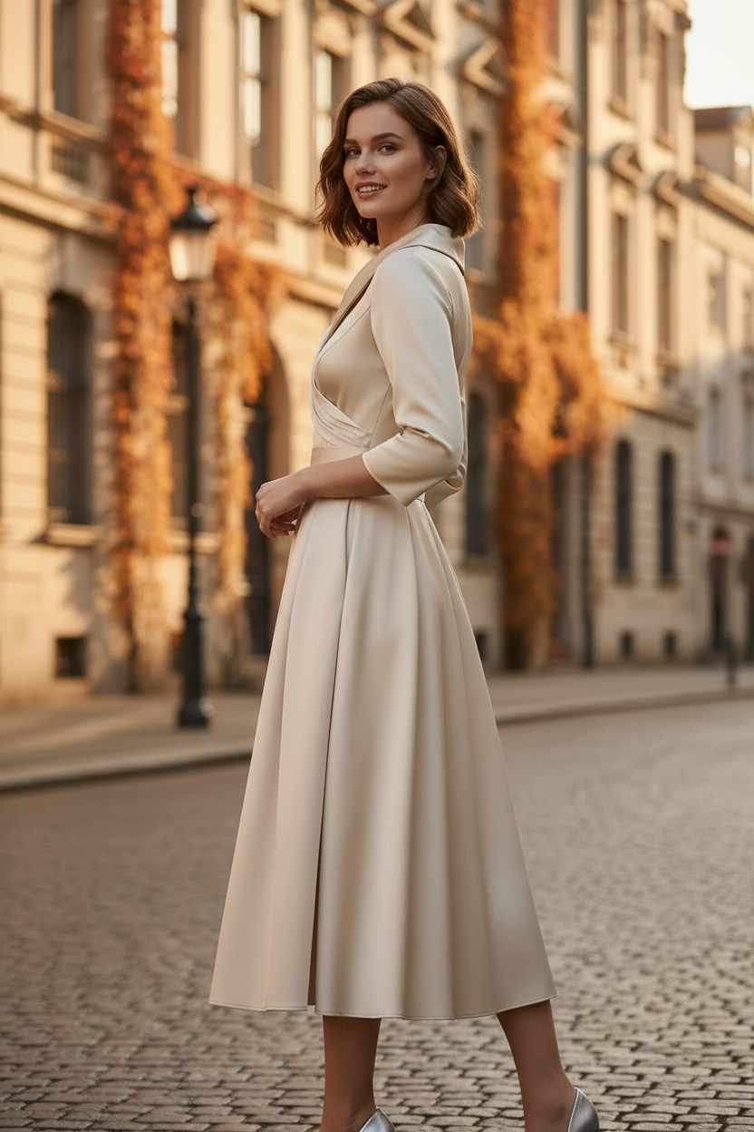 A woman models a cream-colored midi wrap dress with three-quarter sleeves and a pleated skirt, paired with silver heels and a silver clutch, against a light gray studio background.