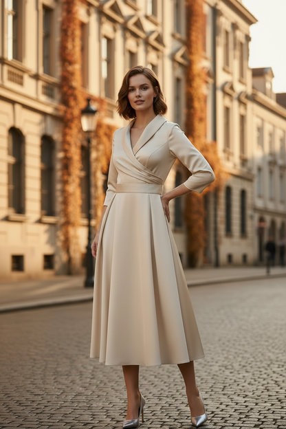A woman stands on a cobblestone street wearing a cream-colored wrap-style midi dress with three-quarter sleeves and silver high heels. The background shows elegant historic buildings with autumn-colored ivy.