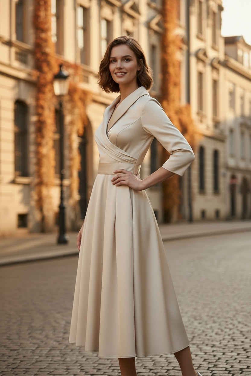 A woman stands on a cobblestone street wearing a cream-colored wrap-style midi dress with three-quarter sleeves and silver high heels. The background shows elegant historic buildings with autumn-colored ivy.