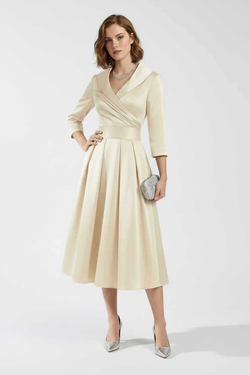 A woman models a cream-colored wrap-style midi dress with three-quarter sleeves, a defined waistband, and a flared skirt. She is accessorized with a silver necklace, a textured silver clutch, and silver pointed-toe heels, set against a plain light gray studio background.