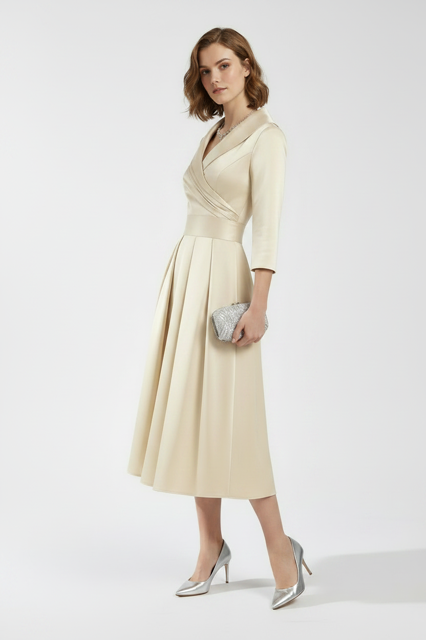 A woman models a cream-colored wrap-style midi dress with three-quarter sleeves, a defined waistband, and a flared skirt. She is accessorized with a silver necklace, a textured silver clutch, and silver pointed-toe heels, set against a plain light gray studio background.