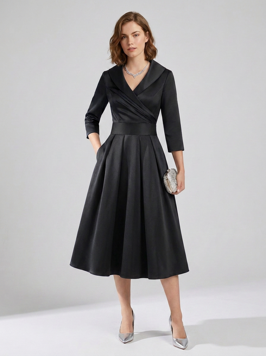 A woman models a black midi wrap dress with three-quarter sleeves, a structured collar, and a flared skirt, paired with silver heels and a textured silver clutch against a light gray studio background.