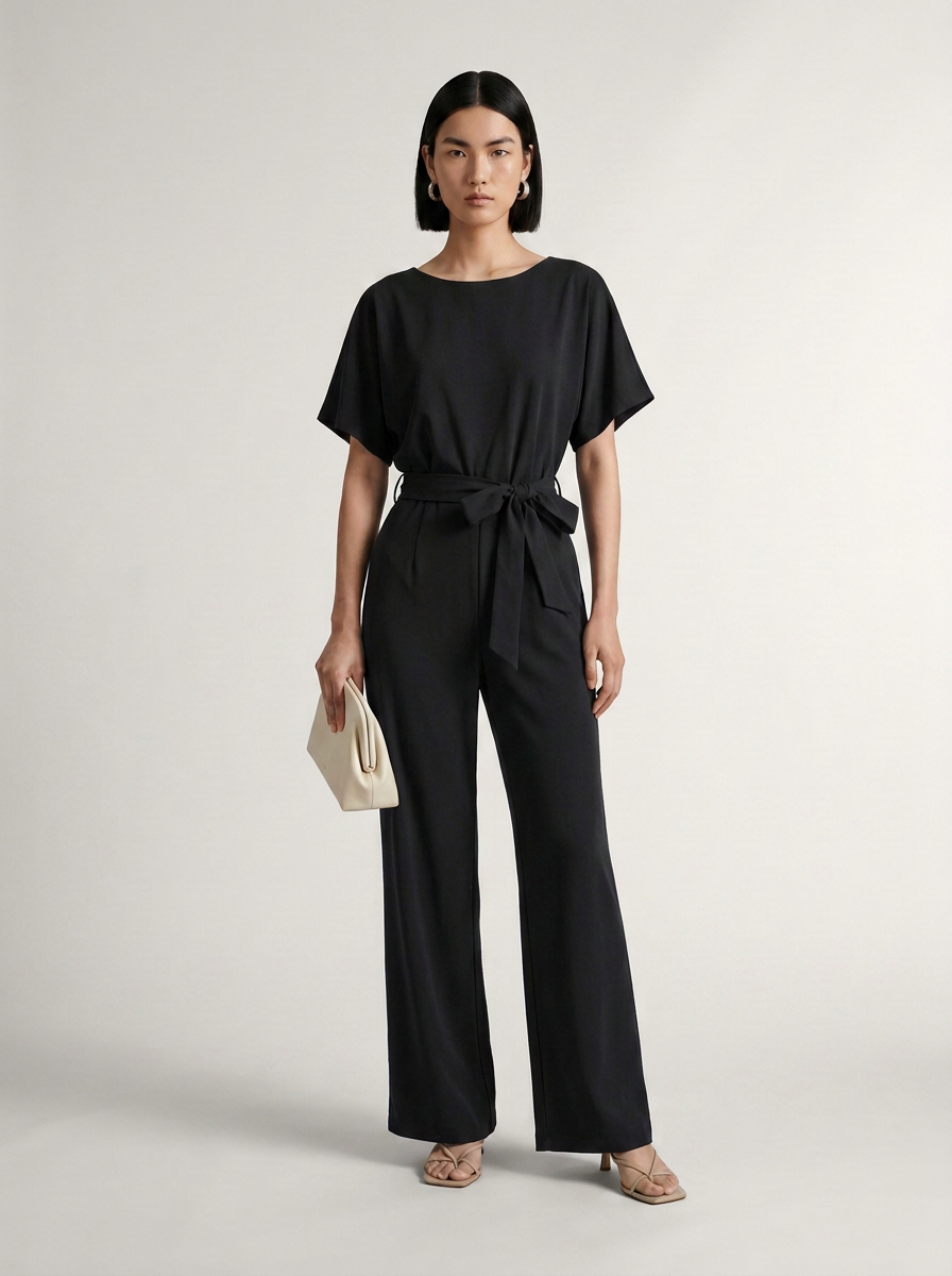 A model stands against a light gray studio background wearing a black short-sleeve belted jumpsuit with wide legs, holding a small cream clutch.