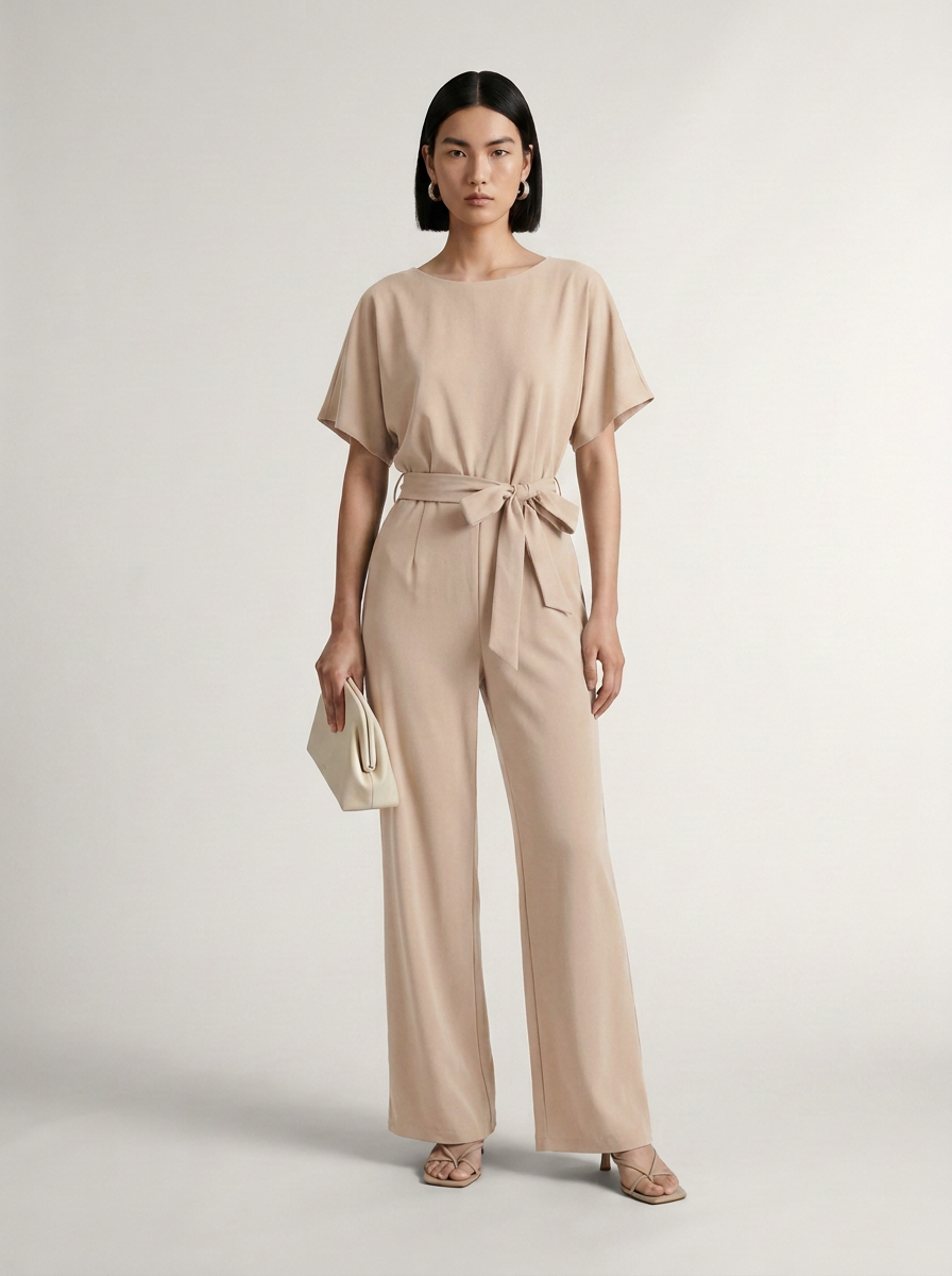 A model stands against a light gray studio background wearing a beige short-sleeve belted jumpsuit with wide legs, holding a small cream clutch.