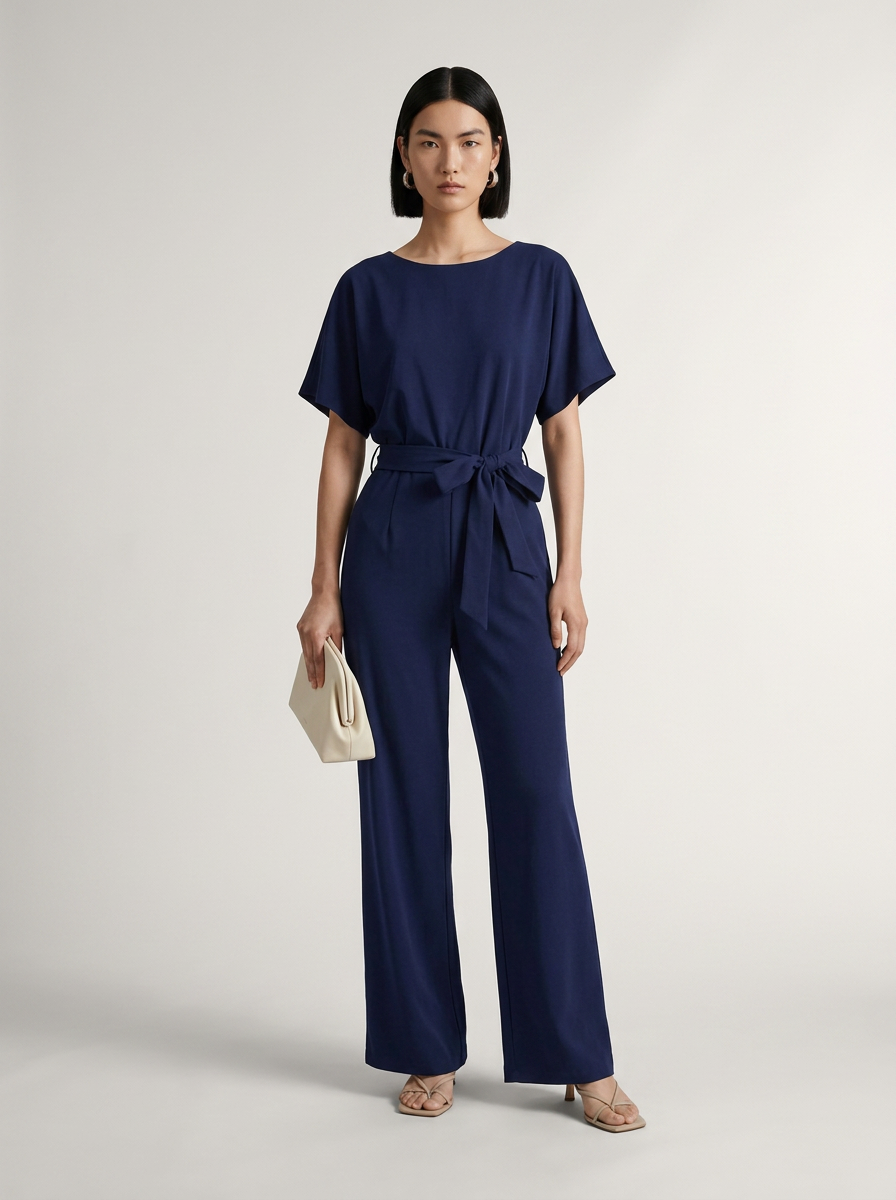 A woman modeling a navy blue belted short-sleeve jumpsuit with wide-leg trousers, holding a small cream clutch against a light gray studio background.