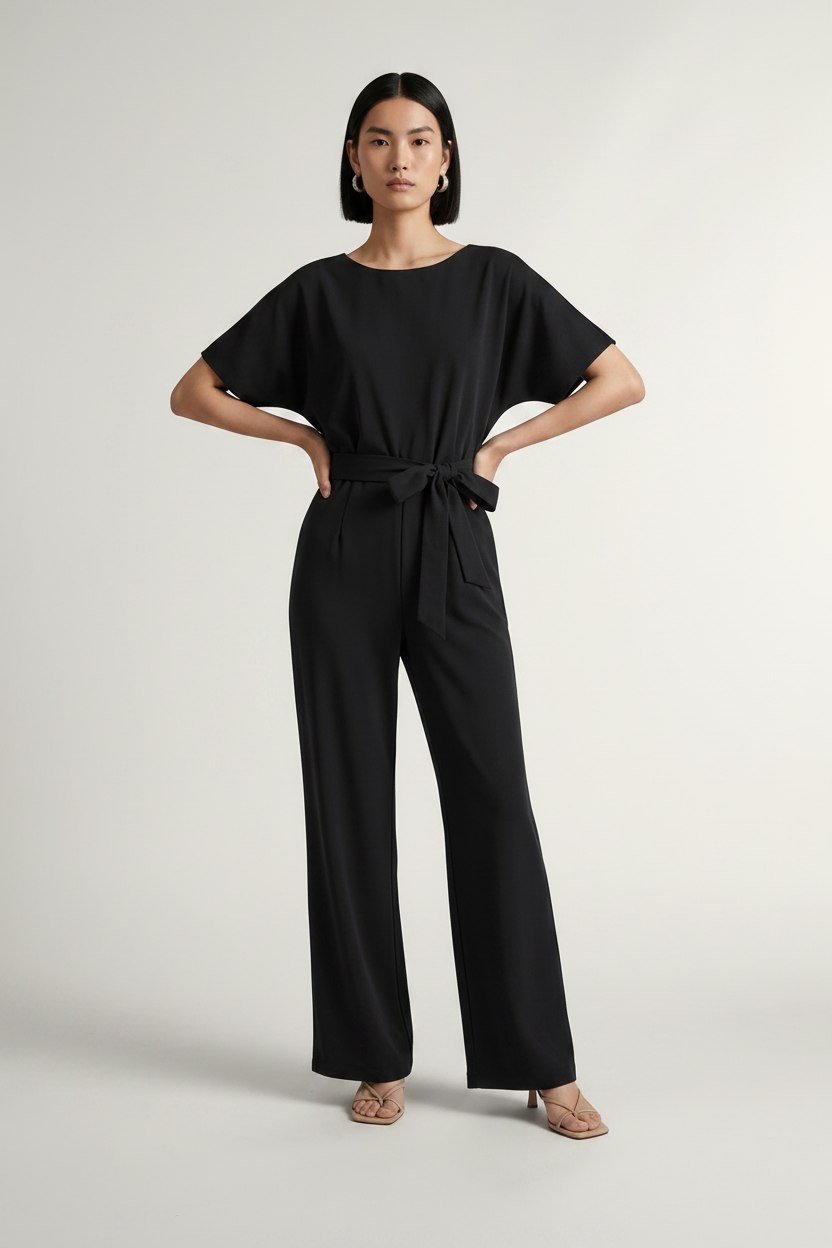 A woman modeling a black short-sleeve jumpsuit with a tie waist and wide legs, standing against a light gray studio background.