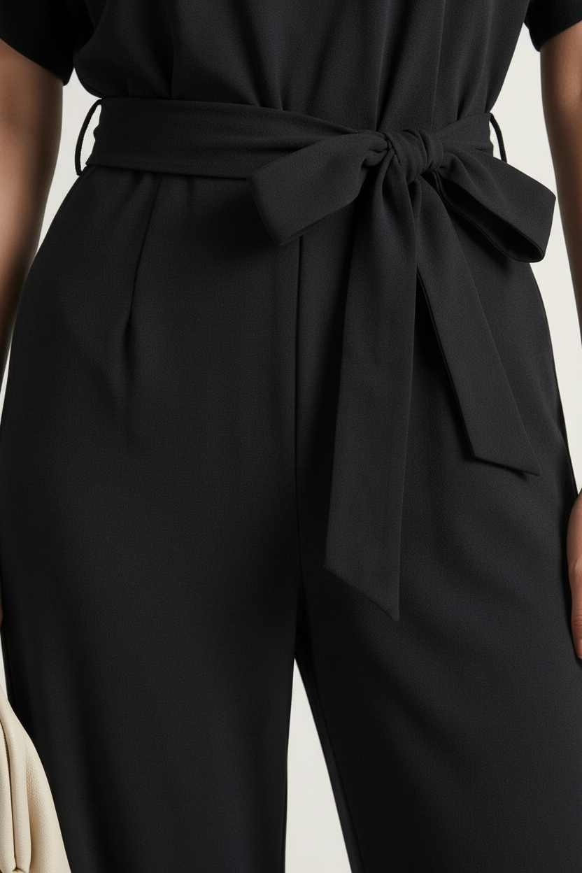 Close-up of a black high-waisted jumpsuit or tailored pants with a matching waist tie and bow, shown on a model against a light neutral background.