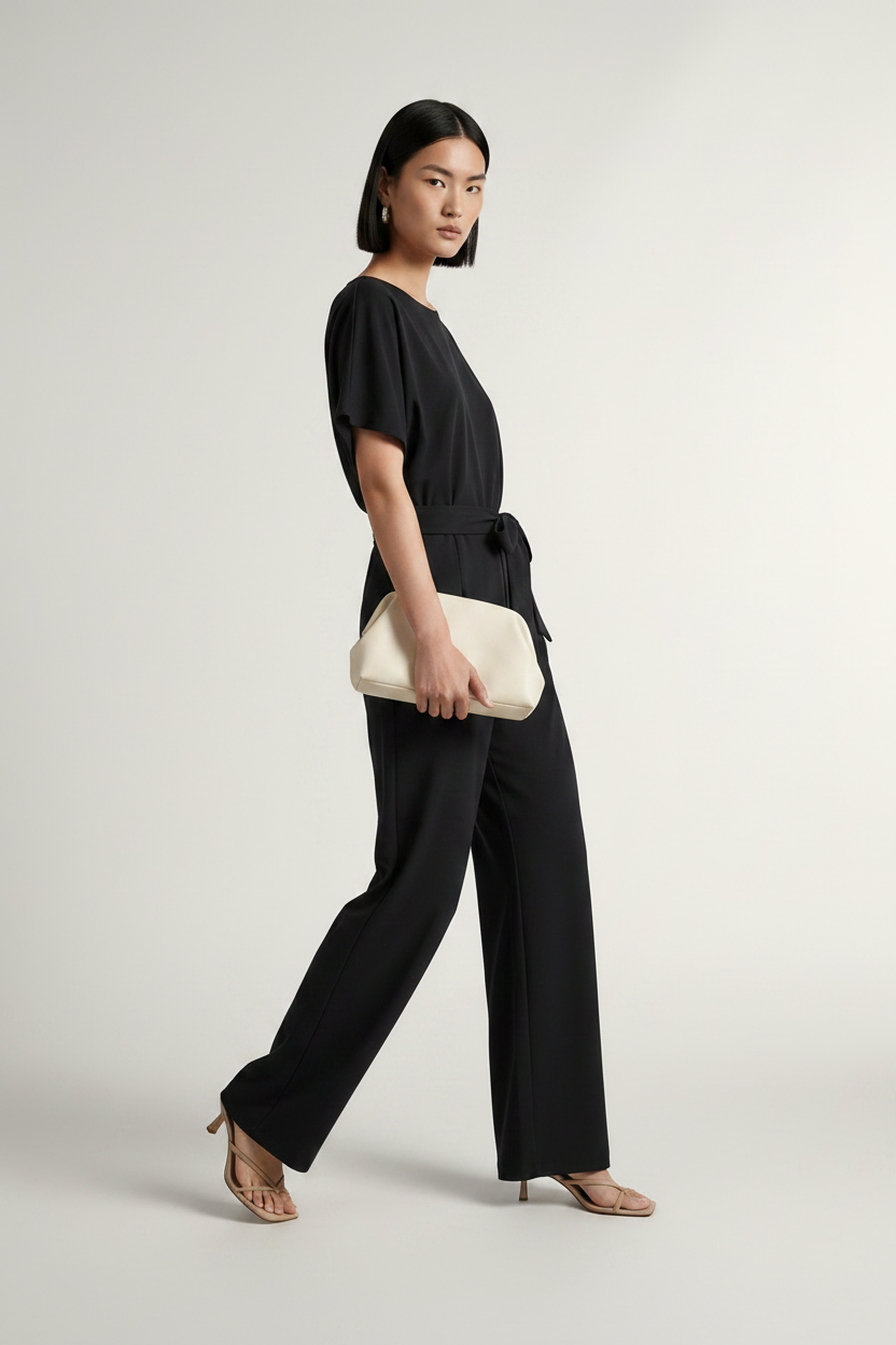 A model wearing a black short-sleeve wide-leg jumpsuit with a tie waist, holding a cream clutch bag, posed against a light gray studio background.