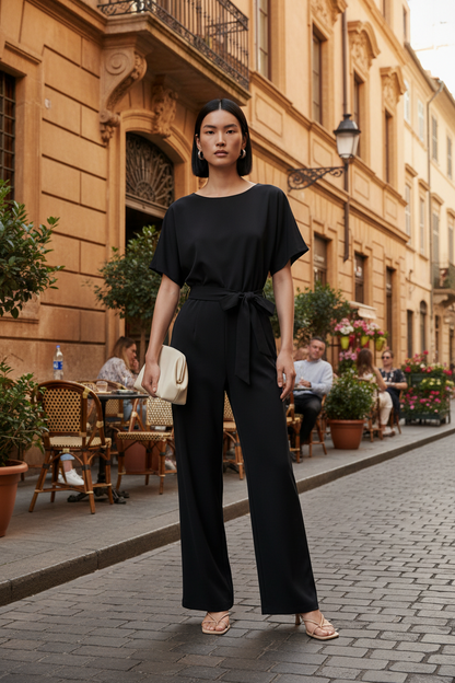A woman stands on a cobblestone street in front of warm beige buildings, wearing a black short-sleeve wrap-style jumpsuit with wide legs and a tie waist. She is holding a small beige handbag and wearing beige heeled sandals.