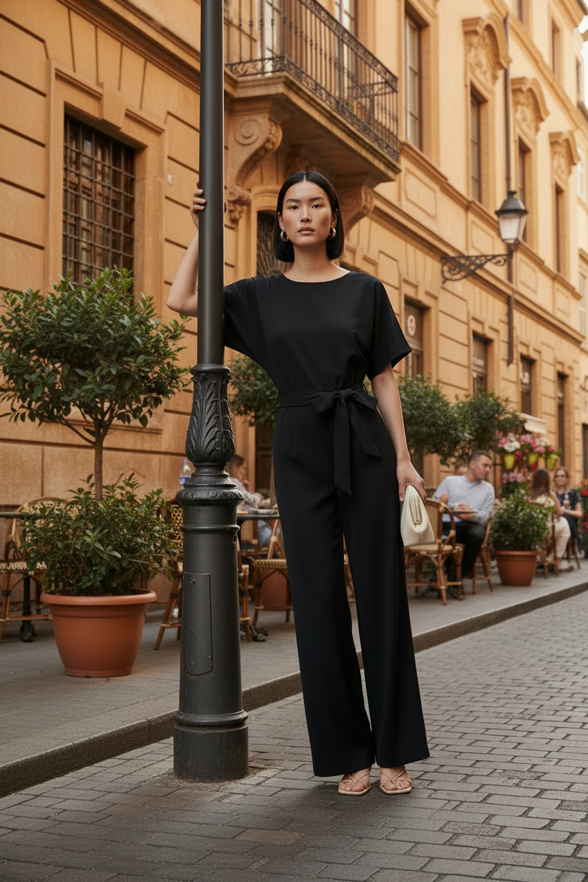 A woman stands on a cobblestone street in front of warm beige buildings, wearing a black short-sleeve wrap-style jumpsuit with wide legs and a tie waist. She is holding a small beige handbag and wearing beige heeled sandals.