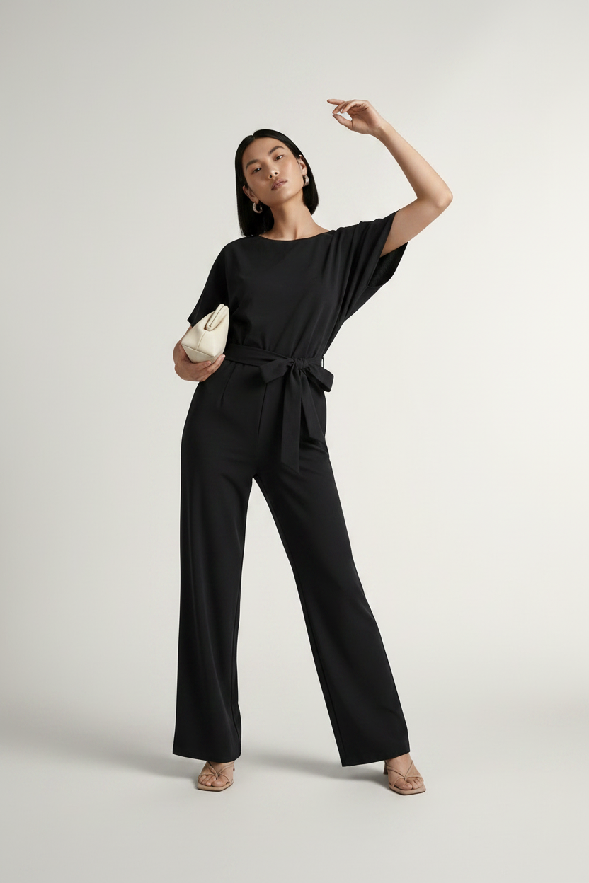 Wide-Leg Belted Jumpsuit with Batwing Sleeves, styled pose