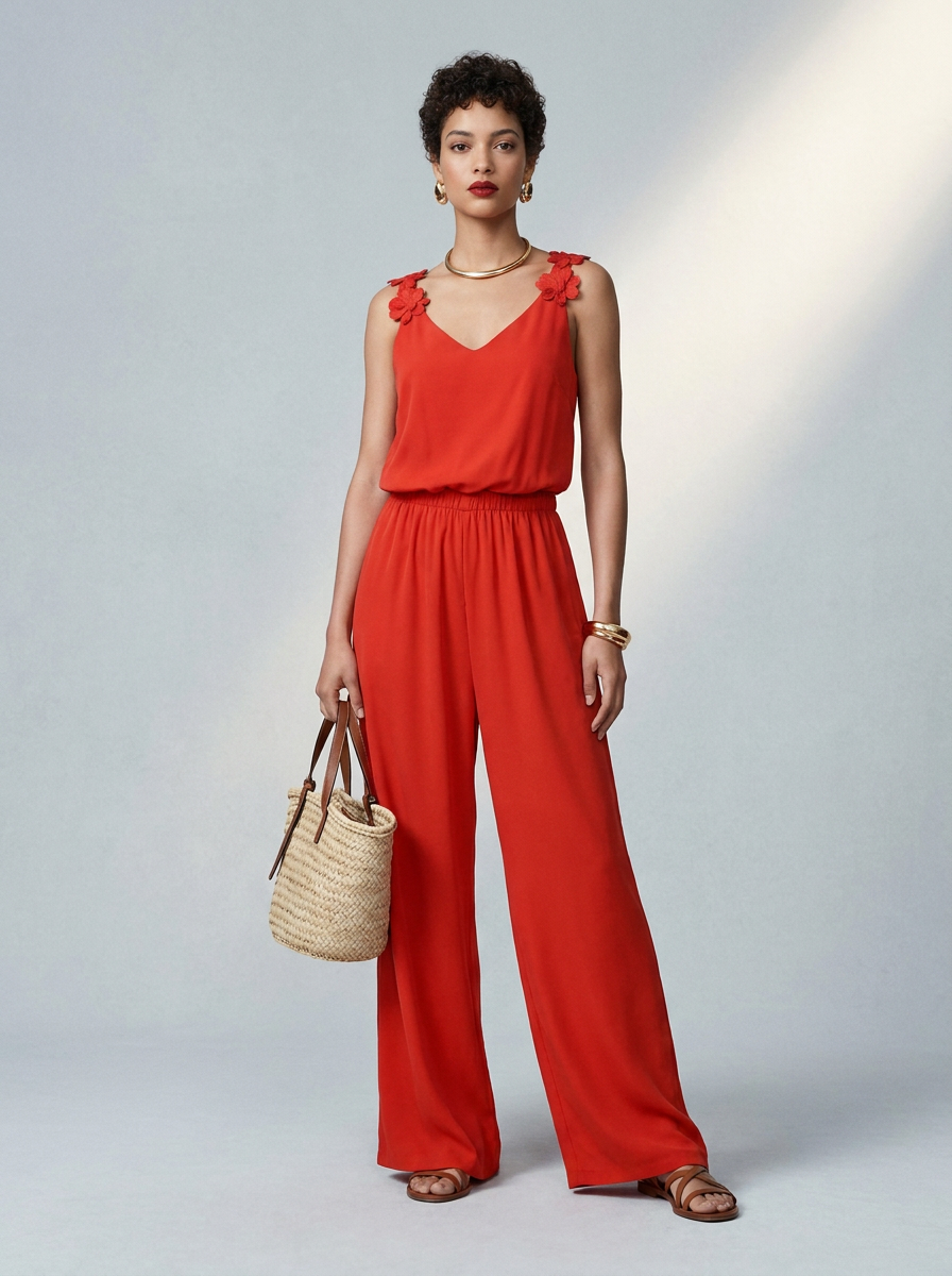 A model stands against a light gray studio backdrop wearing a bright red sleeveless jumpsuit with ruffled shoulder straps, wide legs, and brown sandals. She holds a woven straw tote bag.