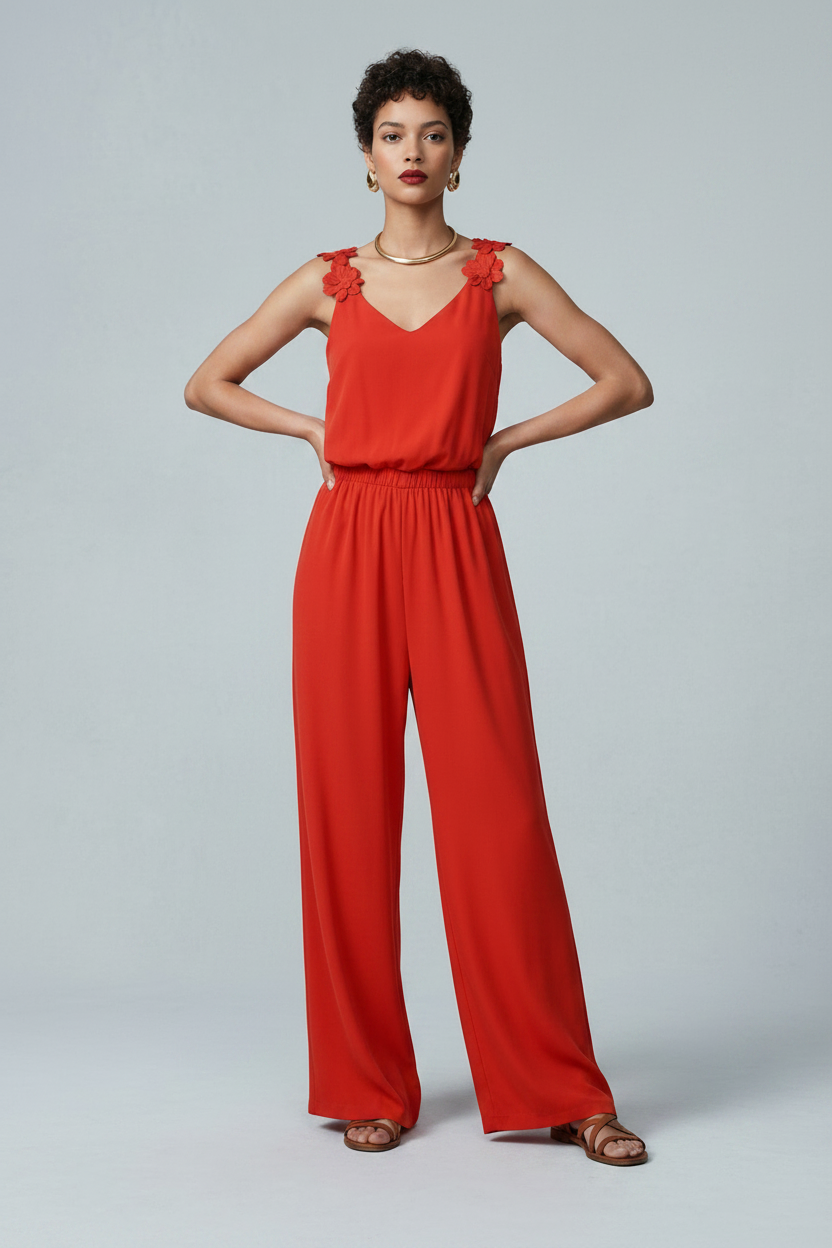 A model stands against a light gray studio backdrop wearing a bright red sleeveless jumpsuit with ruffled shoulder straps, wide legs, and brown sandals. She holds a woven straw tote bag.