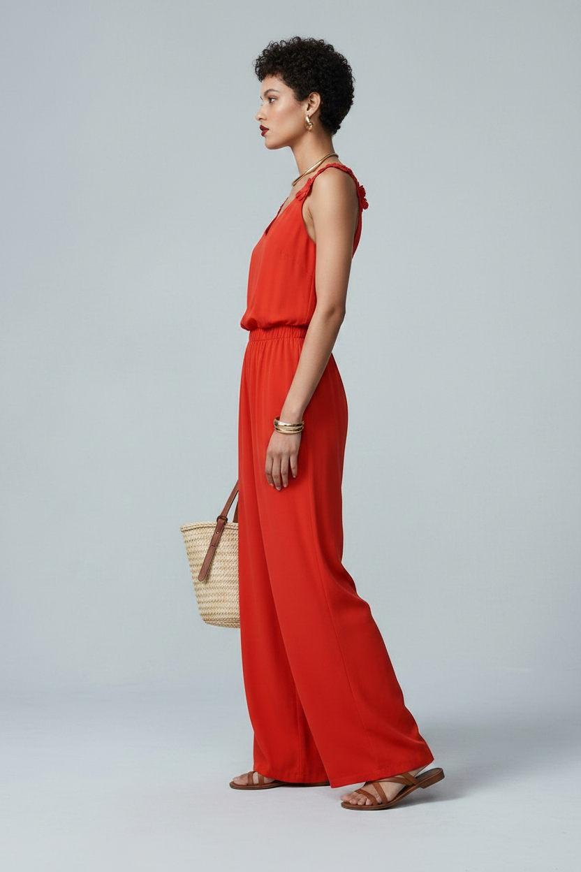 A model stands against a light gray studio backdrop wearing a bright red sleeveless jumpsuit with ruffled shoulder straps, wide legs, and brown sandals. She holds a woven straw tote bag.