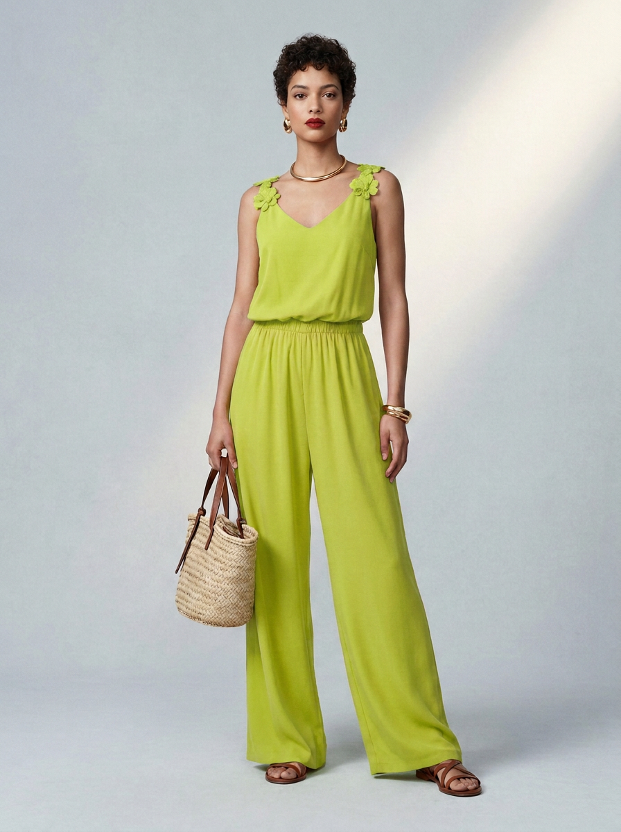 A model stands against a light gray studio backdrop wearing a bright lime green sleeveless jumpsuit with ruffled shoulder straps and wide legs, holding a woven straw handbag.