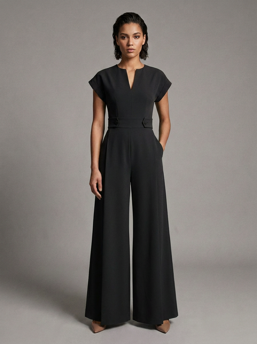 A woman modeling a black wide-leg jumpsuit with short cap sleeves, a split V-neckline, and a matching waist belt, photographed against a neutral gray studio background.