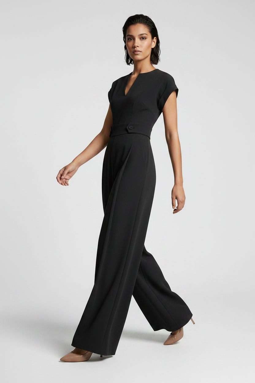 A woman modeling a black wide-leg jumpsuit with short cap sleeves, a split V-neckline, and a matching waist belt, photographed against a neutral gray studio background.