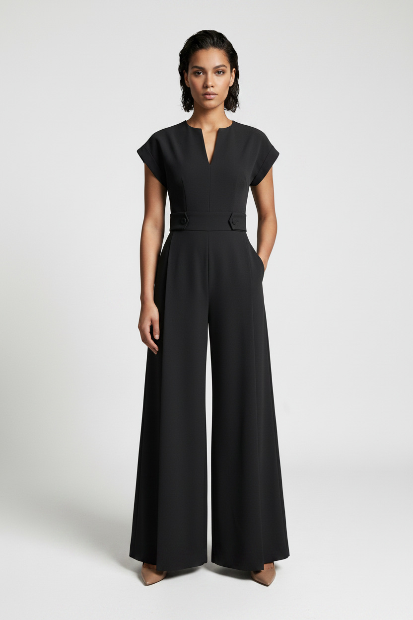A woman modeling a black wide-leg jumpsuit with short cap sleeves, a split V-neckline, and a matching waist belt, photographed against a neutral gray studio background.