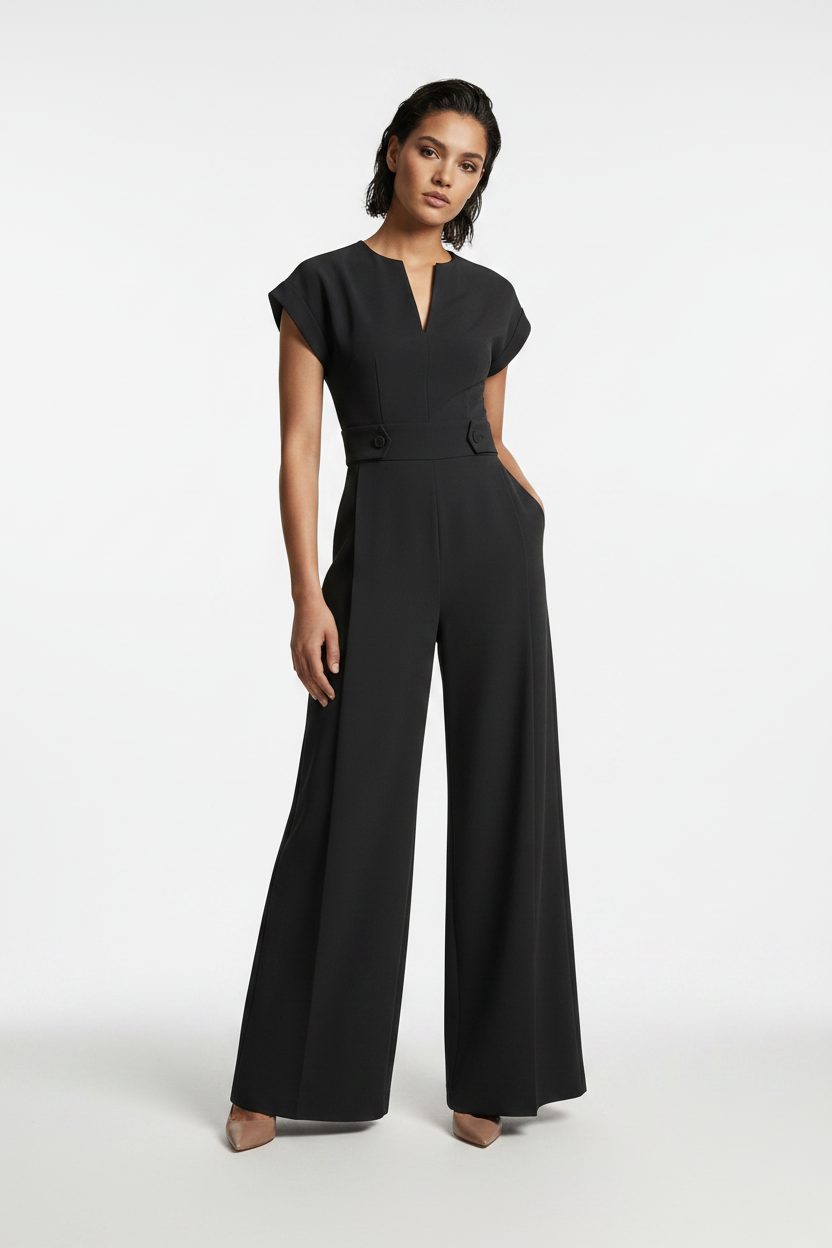 A woman modeling a black wide-leg jumpsuit with short cap sleeves, a split V-neckline, and a matching waist belt, photographed against a neutral gray studio background.