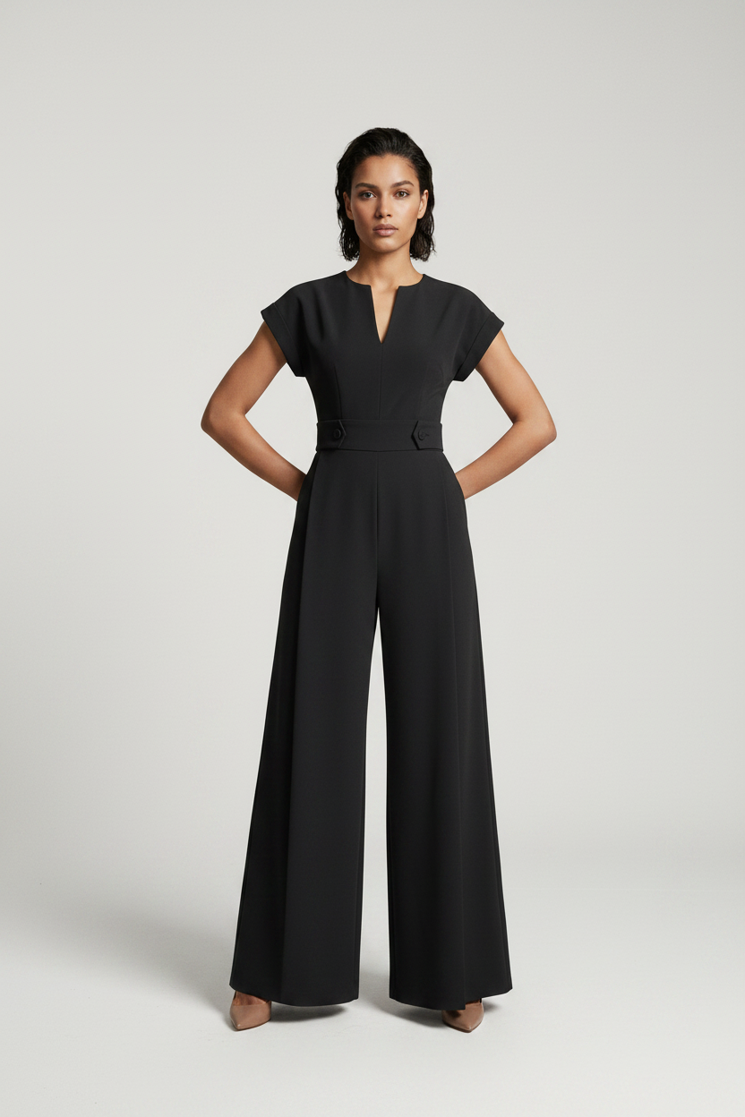 A woman modeling a black wide-leg jumpsuit with short cap sleeves, a split V-neckline, and a matching waist belt, photographed against a neutral gray studio background.