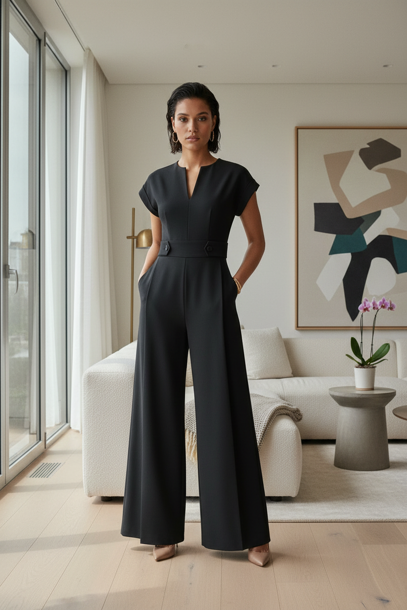 A woman modeling a black wide-leg jumpsuit with short cap sleeves, a split V-neckline, and a matching waist belt, photographed against a neutral gray studio background.
