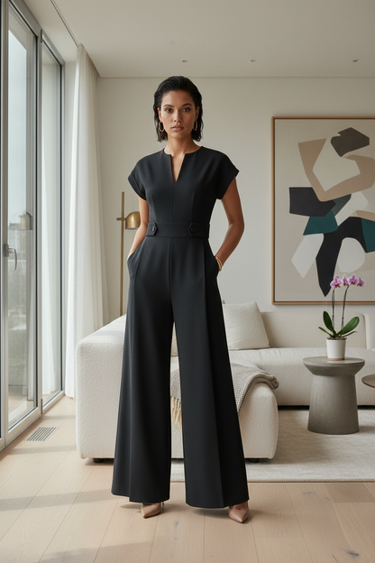 A woman modeling a black wide-leg jumpsuit with short cap sleeves, a split V-neckline, and a matching waist belt, photographed against a neutral gray studio background.