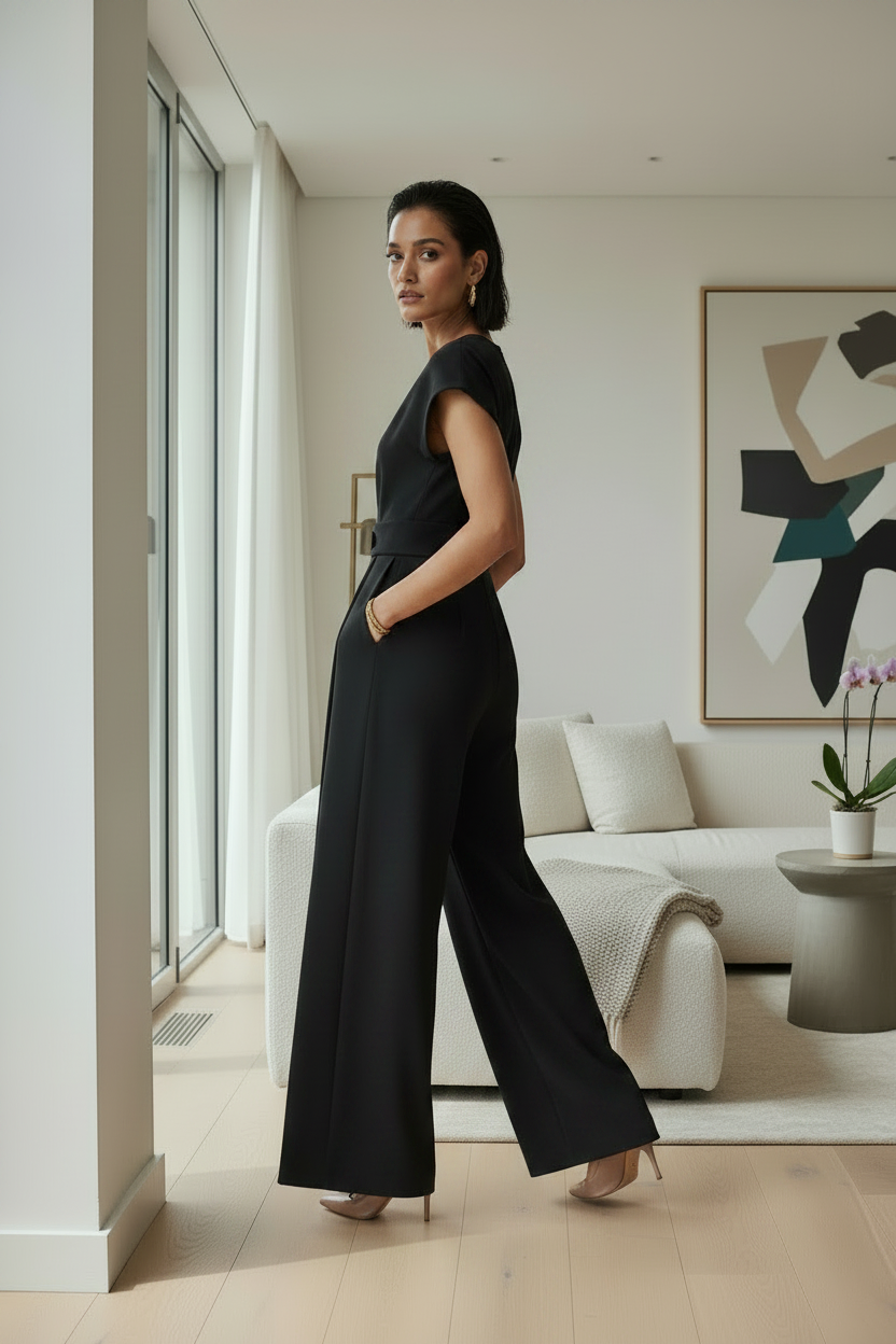 A woman wearing a black sleeveless wide-leg jumpsuit stands in a modern living room, looking back over her shoulder. The room features a white sofa, a side table with a potted orchid, and abstract wall art.