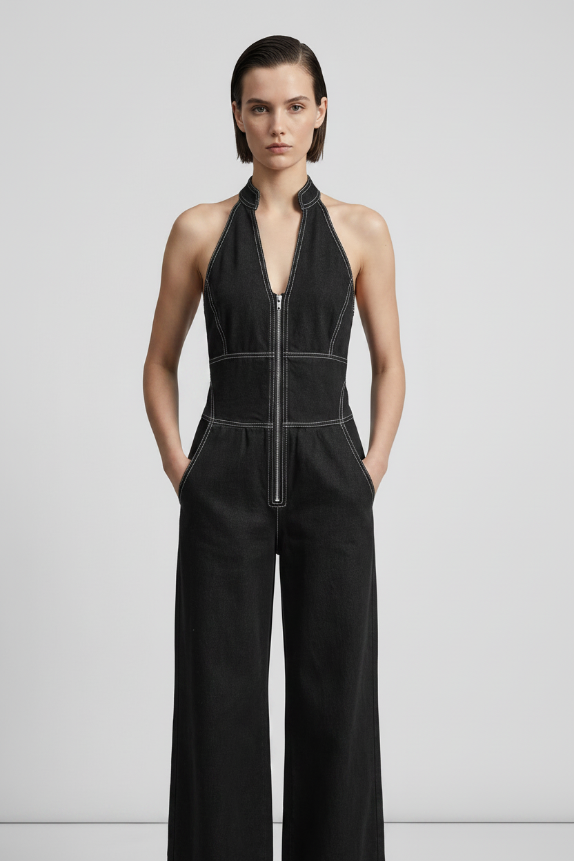 A model stands against a light gray studio background wearing a black wide-leg halter jumpsuit with contrasting white stitching and a front zipper. She is also wearing a small black shoulder bag and black strappy sandals.
