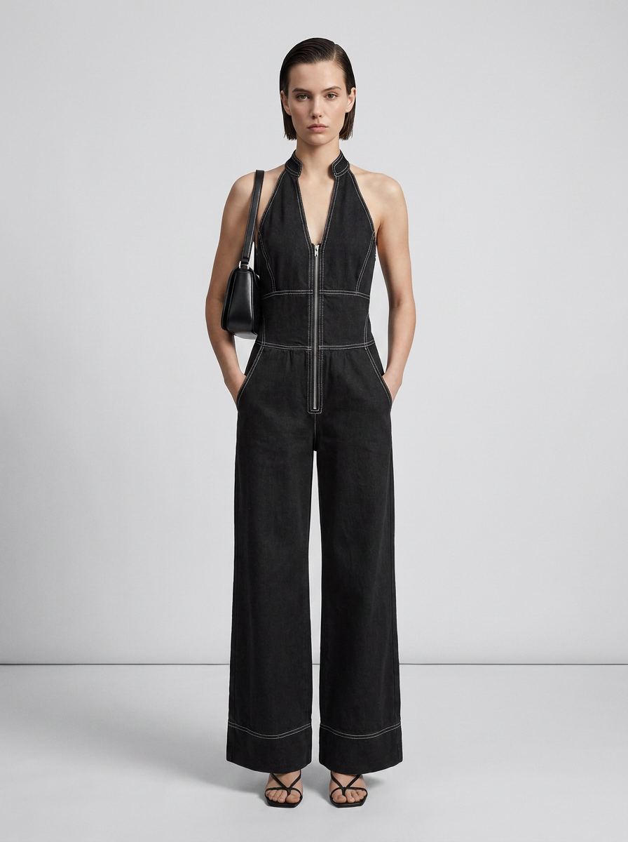 A model stands against a light gray studio background wearing a black wide-leg halter jumpsuit with contrasting white stitching and a front zipper. She is also wearing a small black shoulder bag and black strappy sandals.