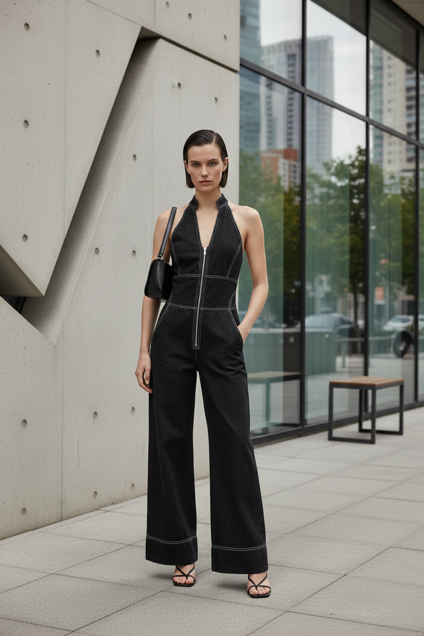 A model stands against a light gray studio background wearing a black wide-leg halter jumpsuit with contrasting white stitching and a front zipper. She is also wearing a small black shoulder bag and black strappy sandals.