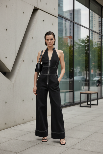 A model stands against a light gray studio background wearing a black wide-leg halter jumpsuit with contrasting white stitching and a front zipper. She is also wearing a small black shoulder bag and black strappy sandals.