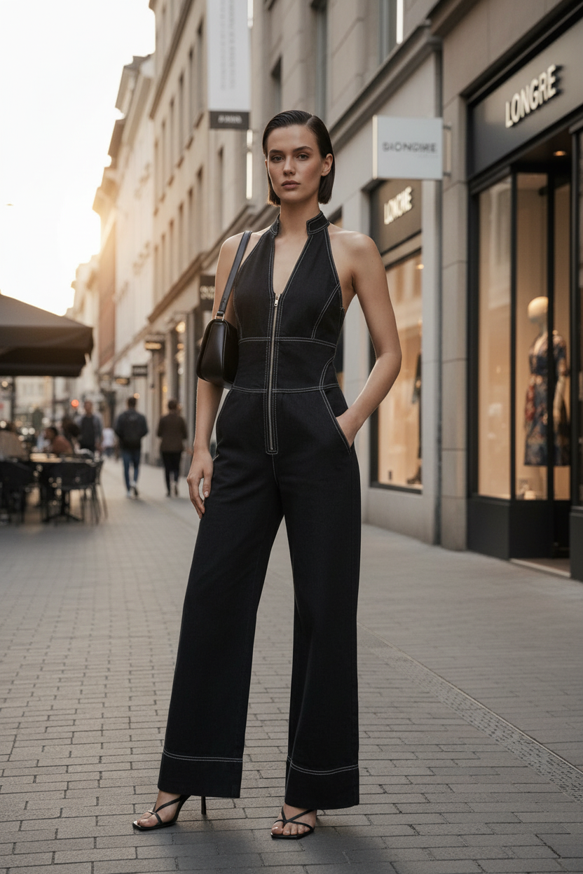 A model stands against a light gray studio background wearing a black wide-leg halter jumpsuit with contrasting white stitching and a front zipper. She is also wearing a small black shoulder bag and black strappy sandals.