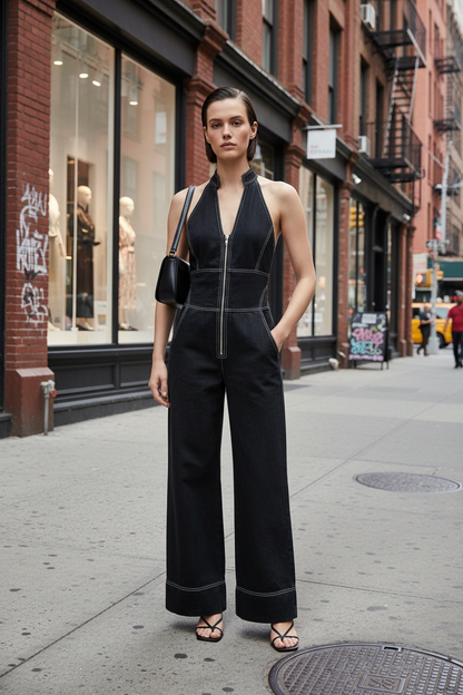 A model stands against a light gray studio background wearing a black wide-leg halter jumpsuit with contrasting white stitching and a front zipper. She is also wearing a small black shoulder bag and black strappy sandals.