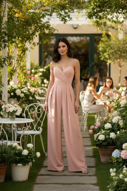 A woman modeling a dusty pink wide-leg jumpsuit with thin spaghetti straps and a sweetheart neckline, standing against a clean white studio background.